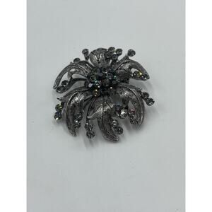 Vintage Black Metal Brooch Pin Black clear Stones flower leaf bow ribbon Spray